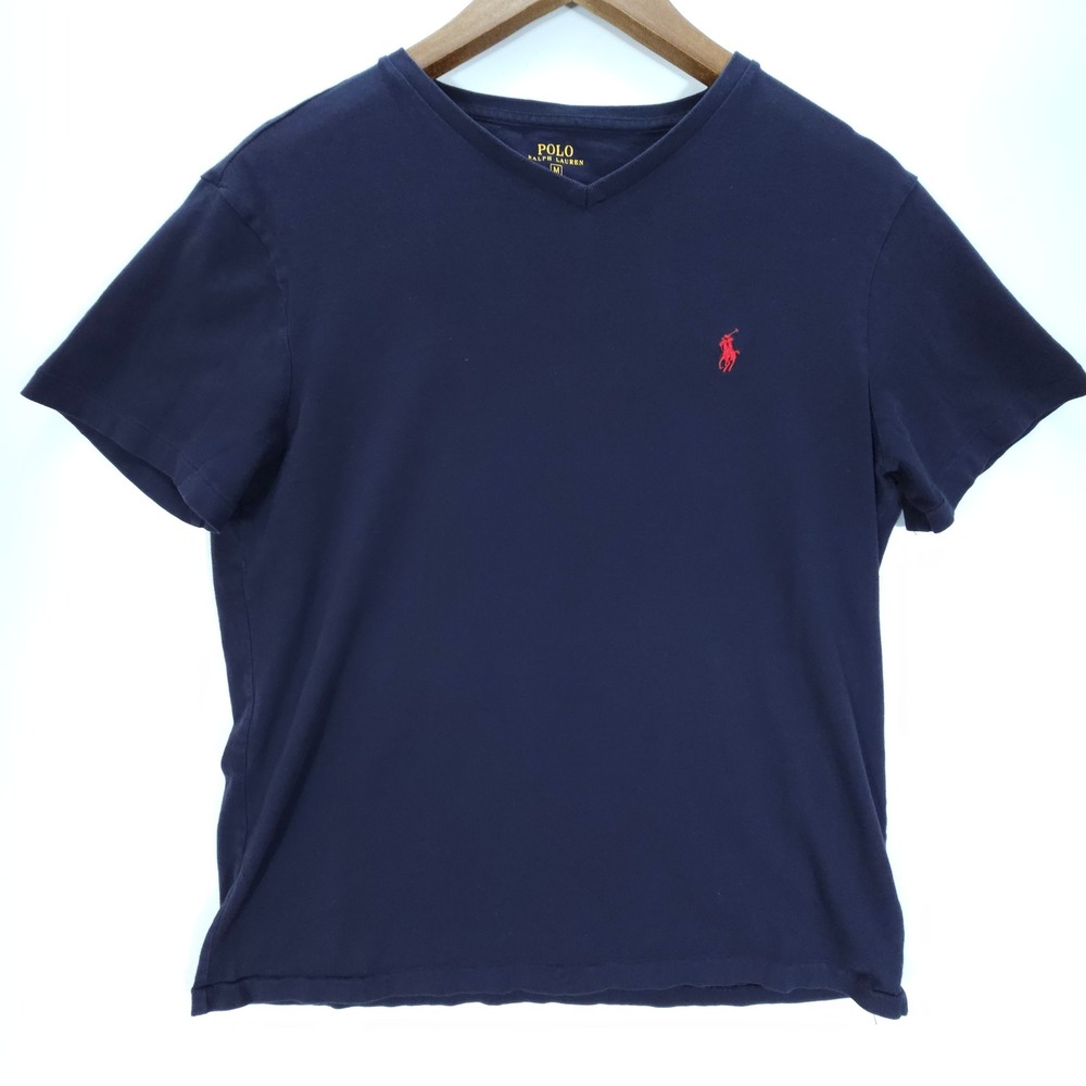 Streetwear Polo Ralph Lauren Shirt Mens Medium Navy Blue Red Pony V-Neck Tee